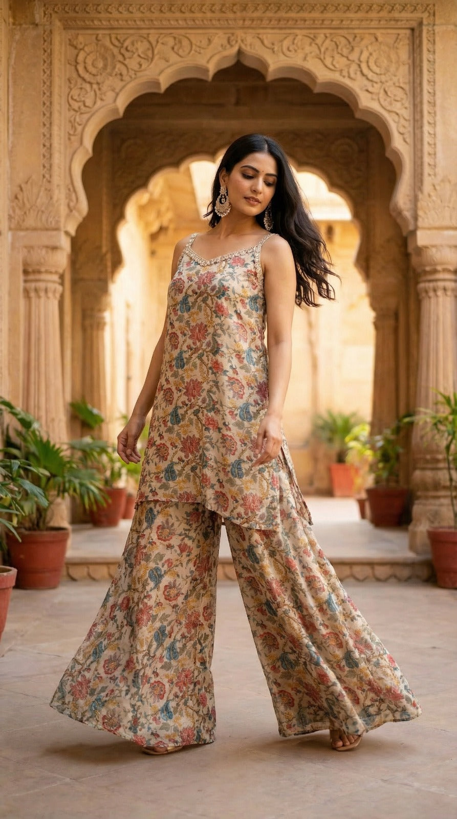 Sleeveless Printed Tunic Paired With Wide-Legged Palazzo Pants