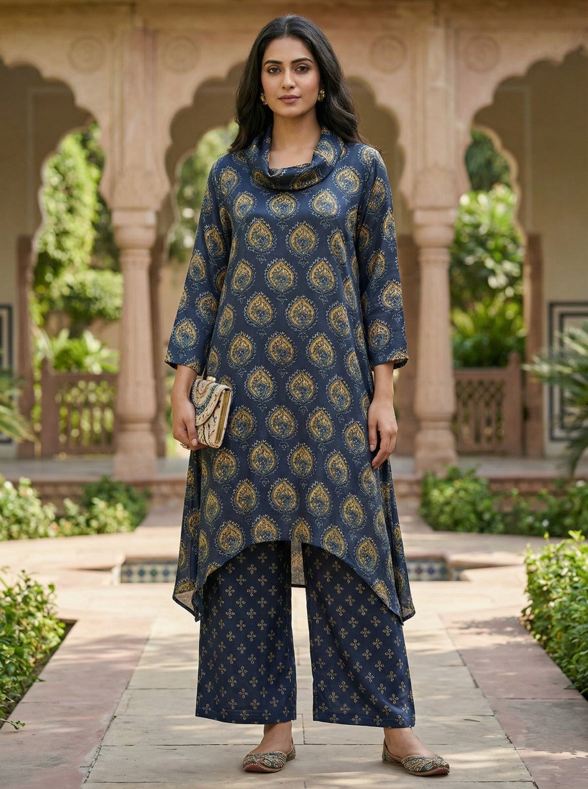 Navy Blue Cowl Neck Pure Bemberg Modal Kurta Set