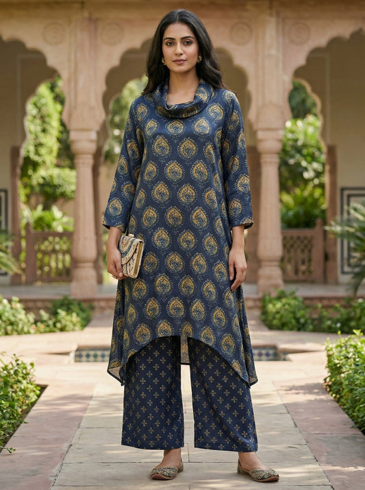 Navy Blue Cowl Neck Pure Bemberg Modal Kurta Set