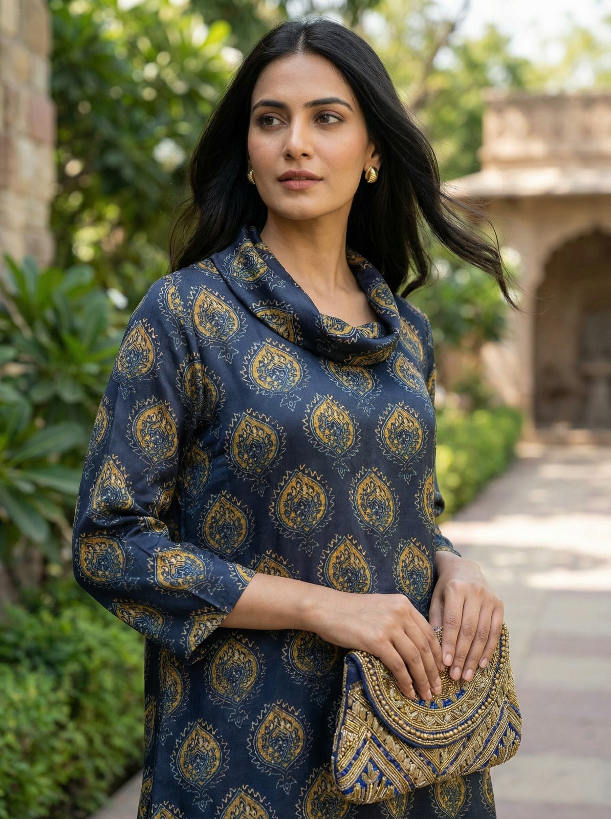 Navy Blue Cowl Neck Pure Bemberg Modal Kurta Set
