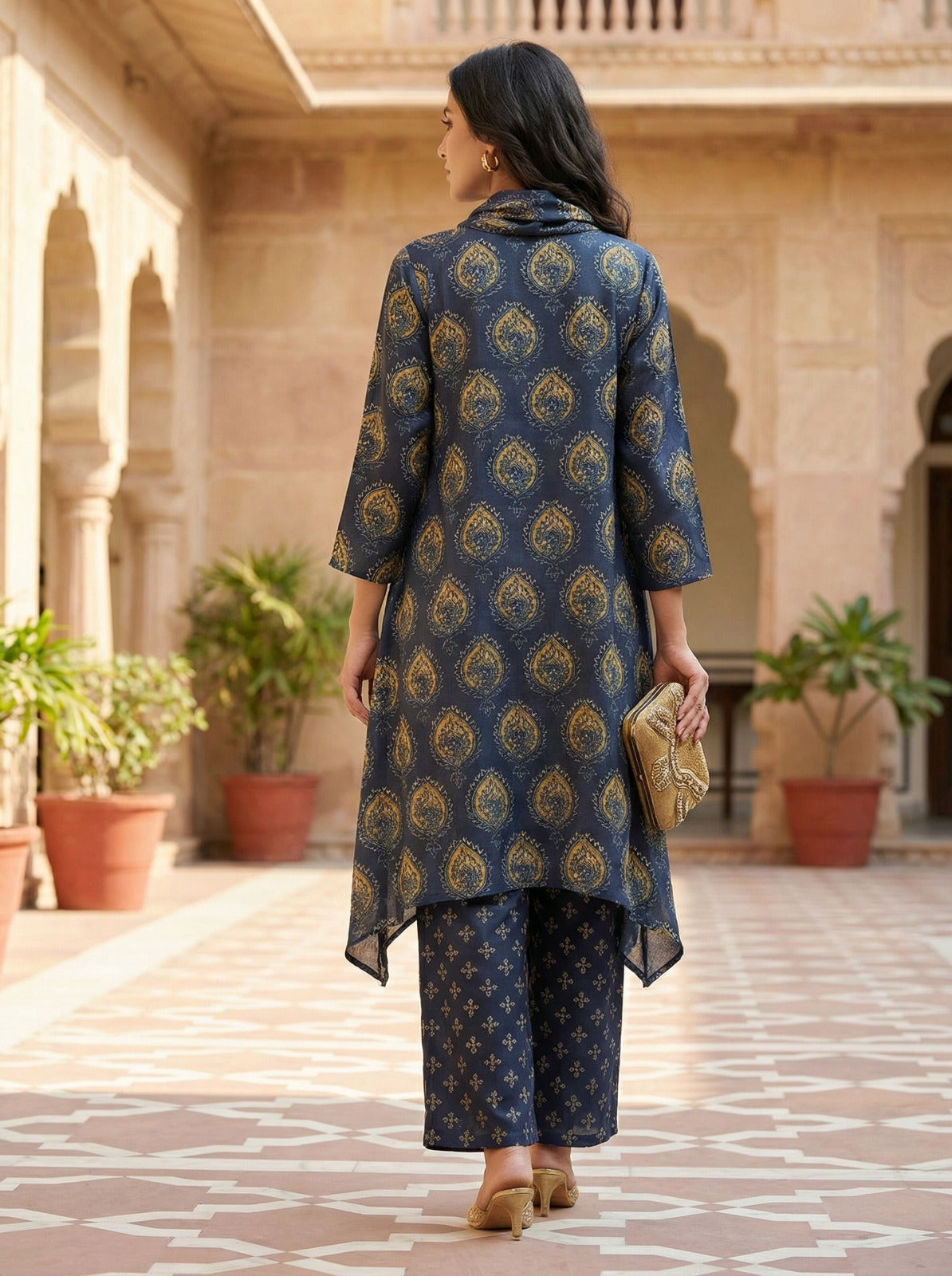 Navy Blue Cowl Neck Pure Bemberg Modal Kurta Set