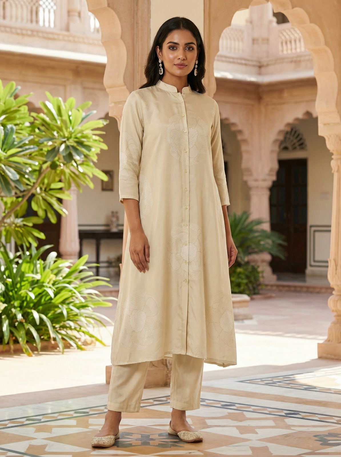 Ivory Muslin Rose Print Tunic Set