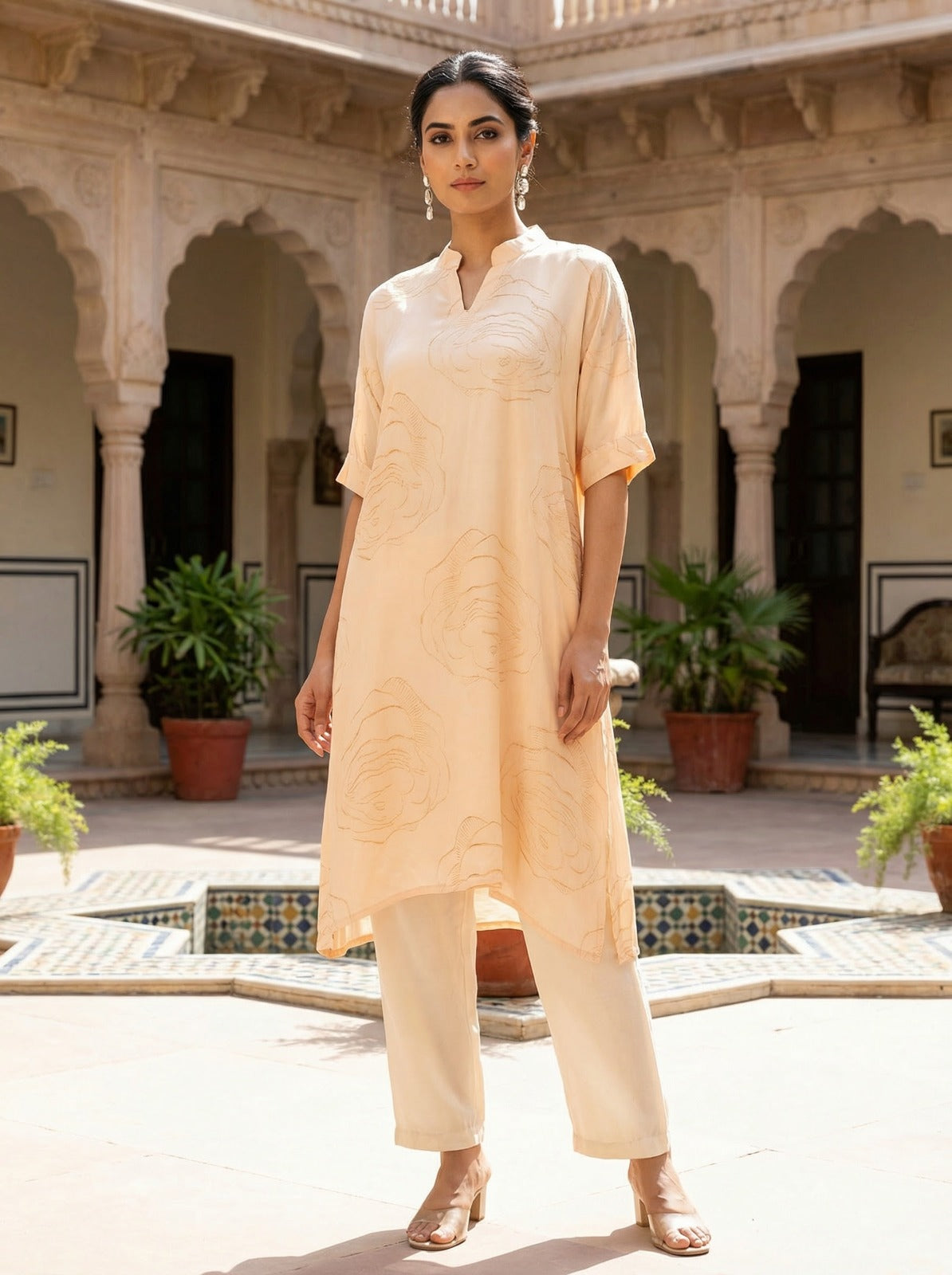 Ivory Muslin Rose Print Tunic Set