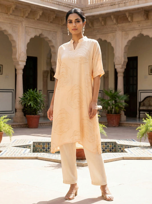 Ivory Muslin Rose Print Tunic Set