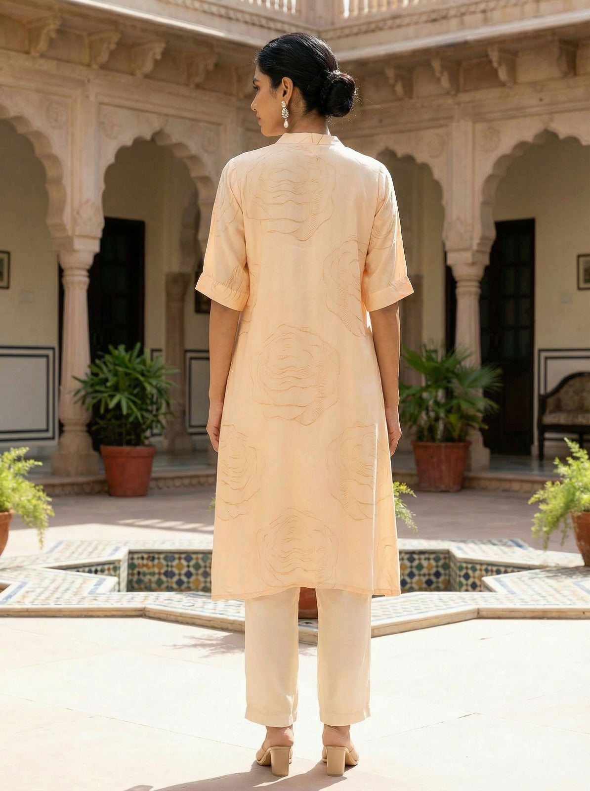Ivory Muslin Rose Print Tunic Set