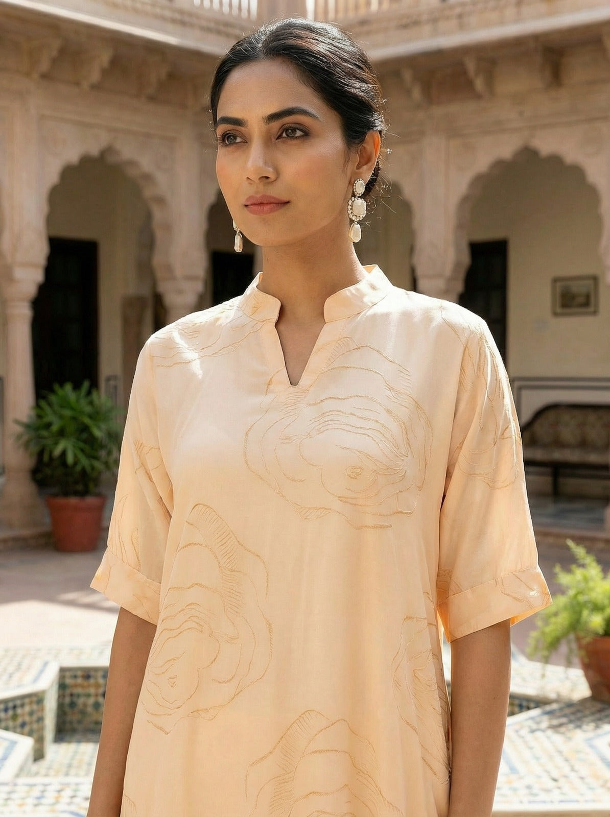 Ivory Muslin Rose Print Tunic Set