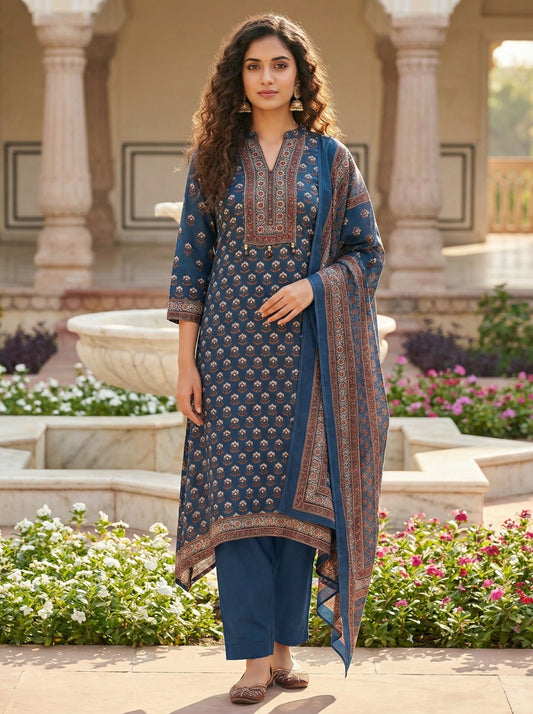Mandarin Collar Embroidered Floral Kurta Set