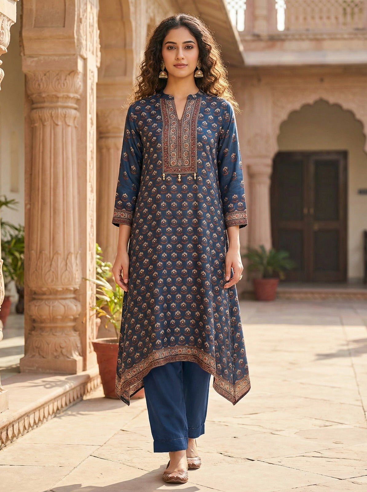Mandarin Collar Embroidered Floral Kurta Set