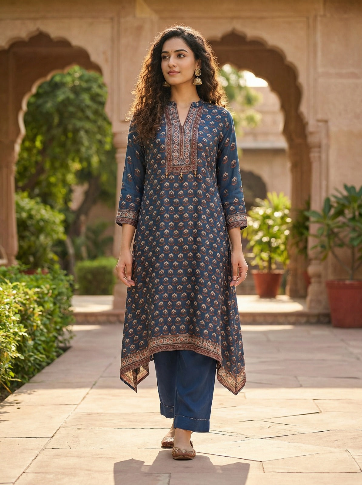 Mandarin Collar Embroidered Floral Kurta Set