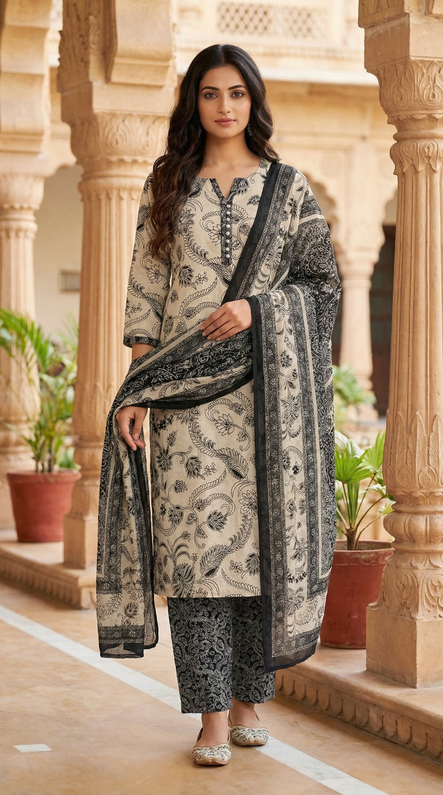 Beige & Black Block Print Jacquard Kurta Set with Dupatta