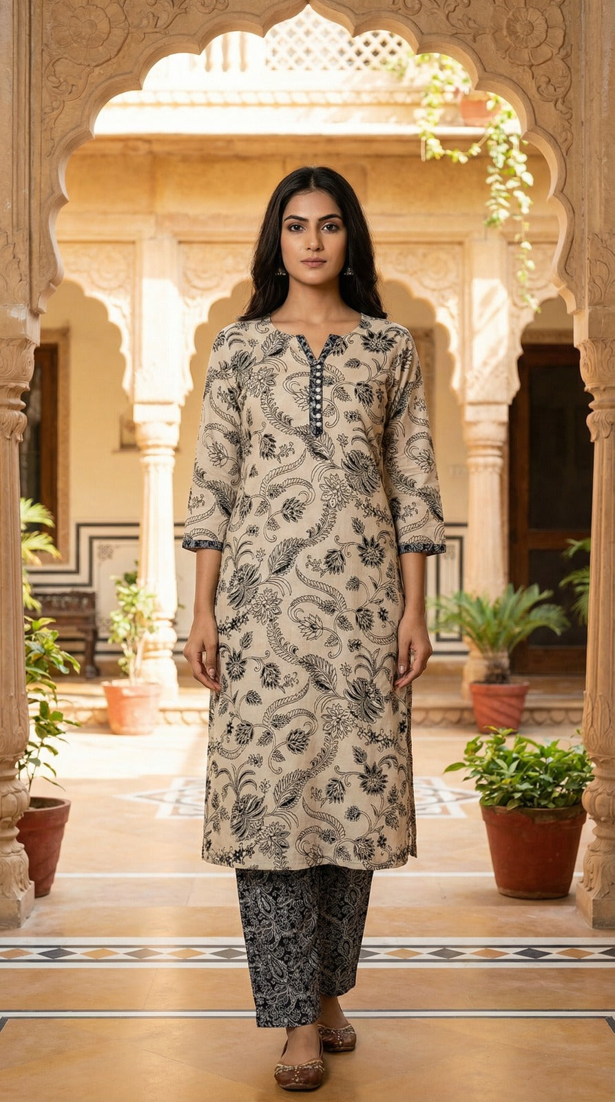Beige & Black Block Print Jacquard Kurta Set with Dupatta