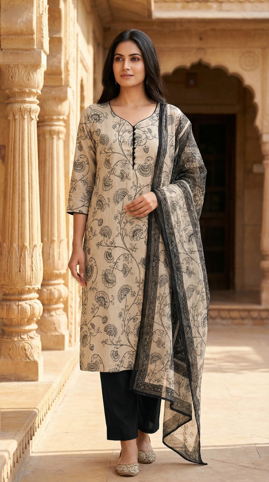 Beige & Black Floral Jacquard Kurta Set with Black Trousers & Dupatta
