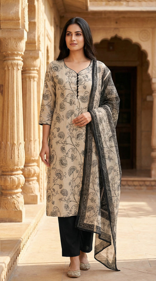 Beige & Black Floral Jacquard Kurta Set with Black Trousers & Dupatta