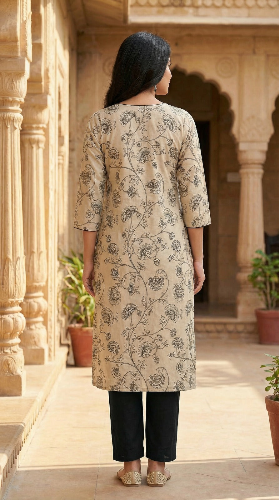Beige & Black Floral Jacquard Kurta Set with Black Trousers & Dupatta