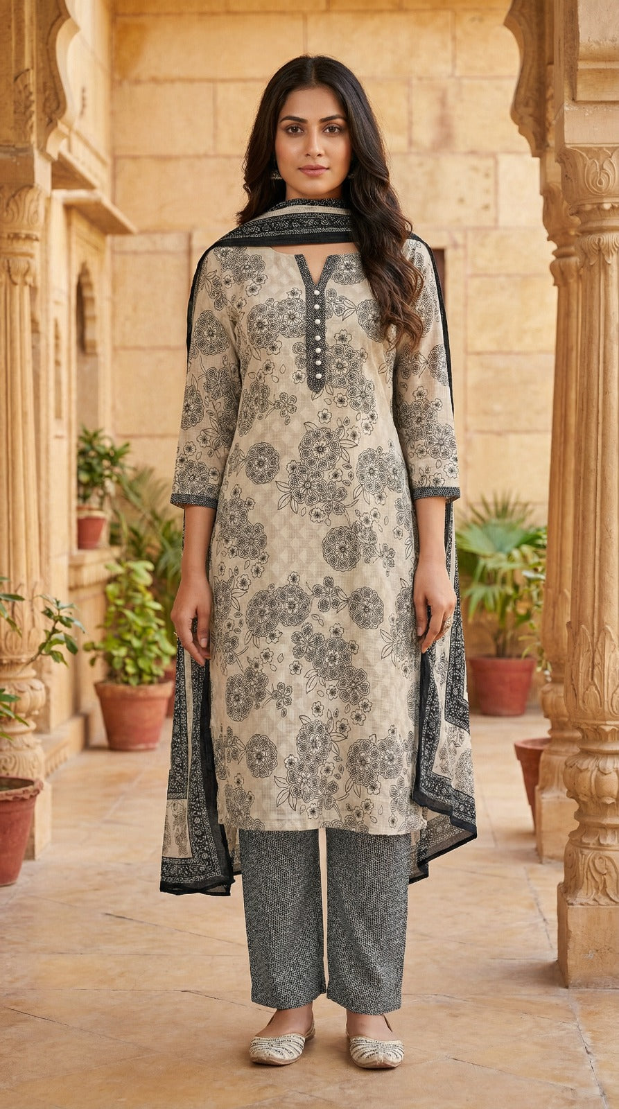 Off-White & Green Floral Jacquard Kurta Set with Chiffon Dupatta