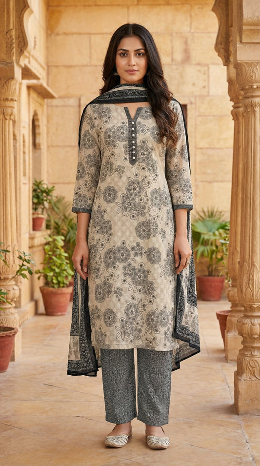 Off-White & Green Floral Jacquard Kurta Set with Chiffon Dupatta
