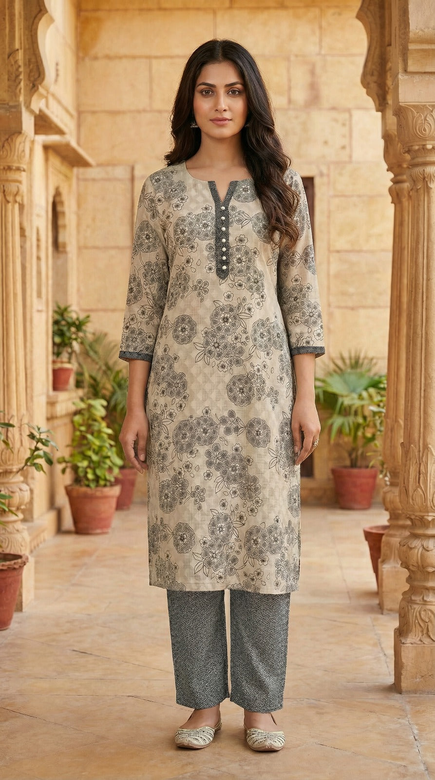 Off-White & Green Floral Jacquard Kurta Set with Chiffon Dupatta