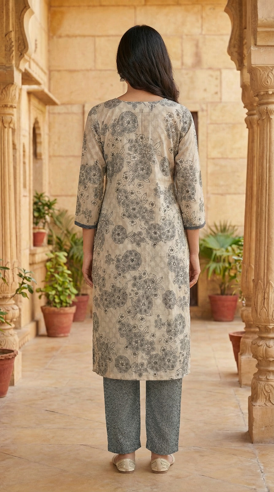 Off-White & Green Floral Jacquard Kurta Set with Chiffon Dupatta