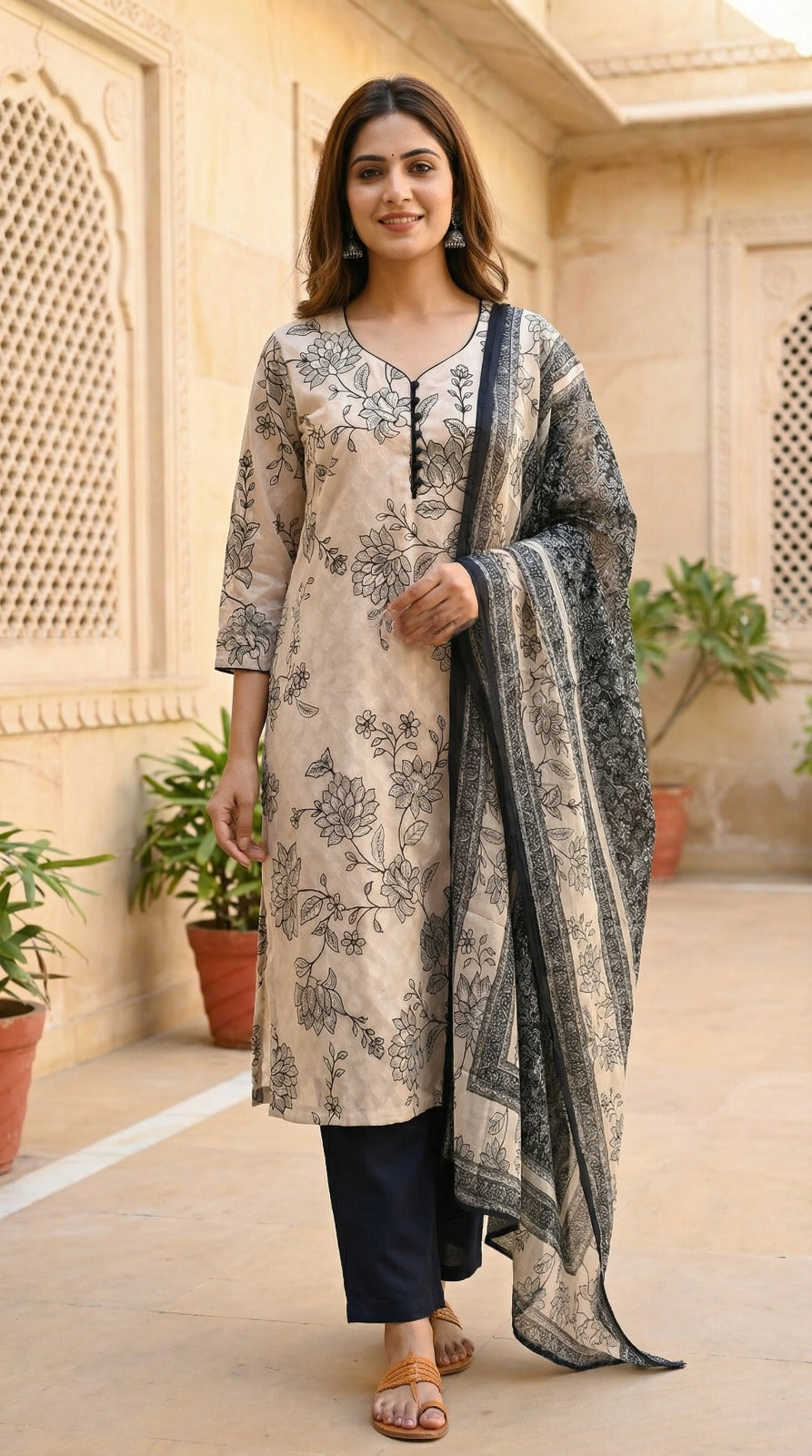 Beige & Black Bold Floral Jacquard Kurta Set with Bordered Dupatta