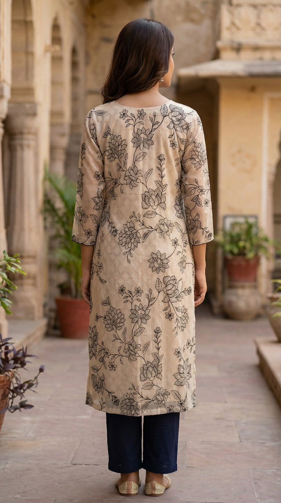 Beige & Black Bold Floral Jacquard Kurta Set with Bordered Dupatta