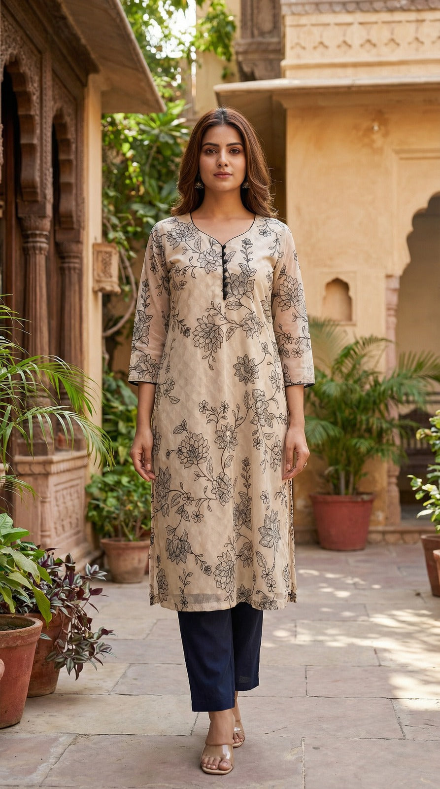 Beige & Black Bold Floral Jacquard Kurta Set with Bordered Dupatta