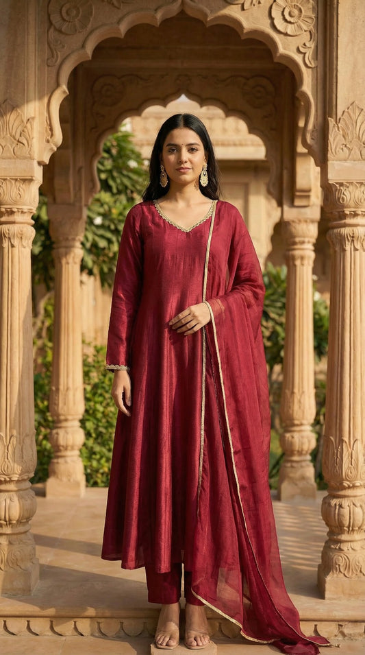 Royal Red Dola Silk Anarkali Set