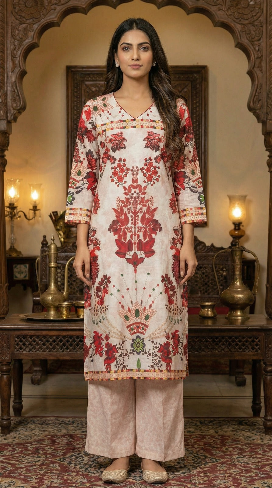 Off-White & Red Floral Jacquard Kurta Set with Chiffon Dupatta