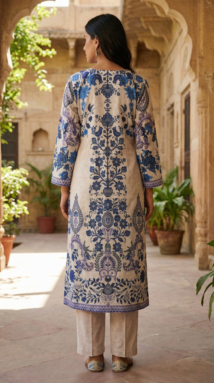 Off-White & Blue Floral Print Kurta Set with Chiffon Dupatta