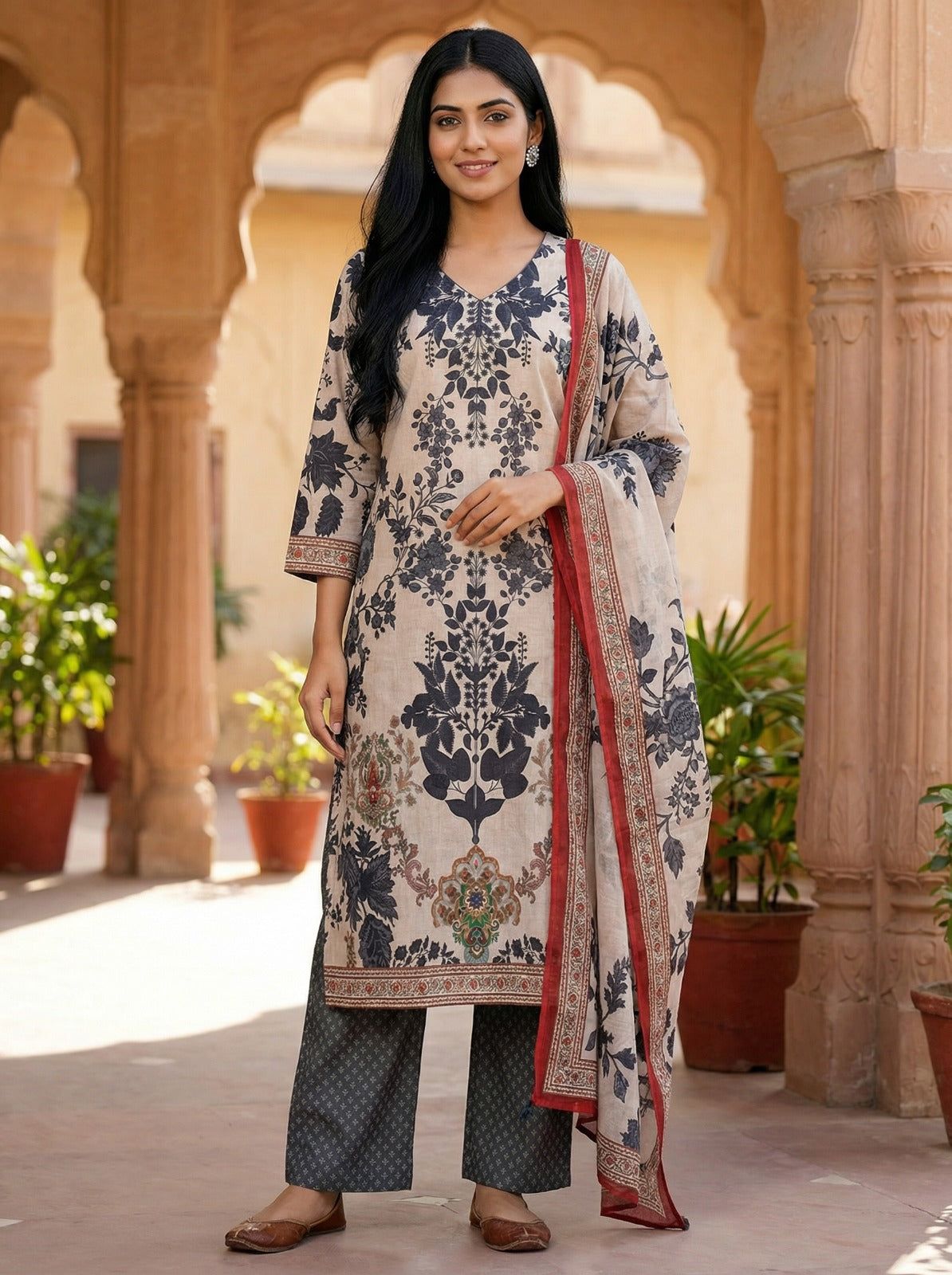 Ivory Floral Jacquard Kurta Set with Chiffon Dupatta