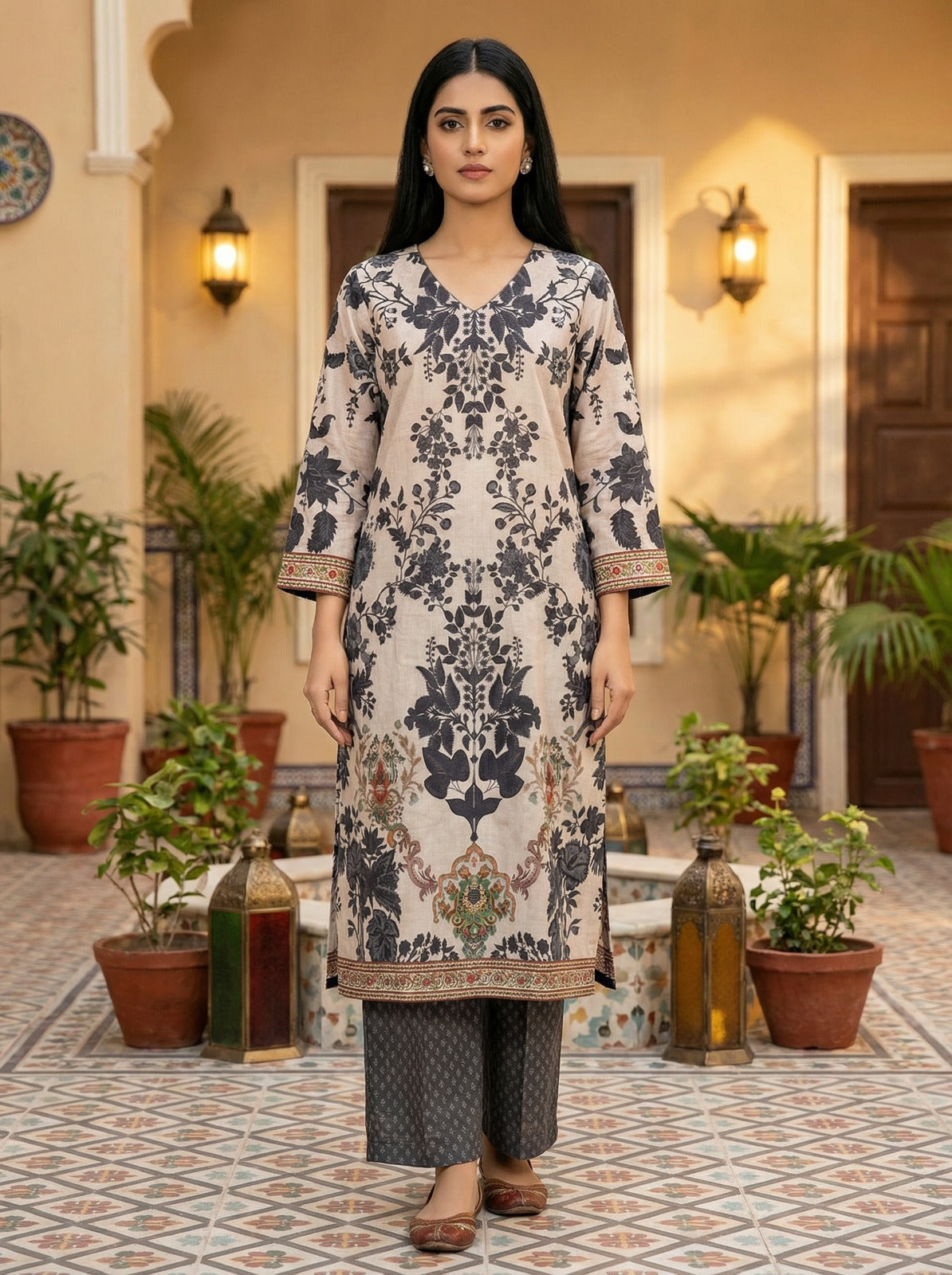 Ivory Floral Jacquard Kurta Set with Chiffon Dupatta