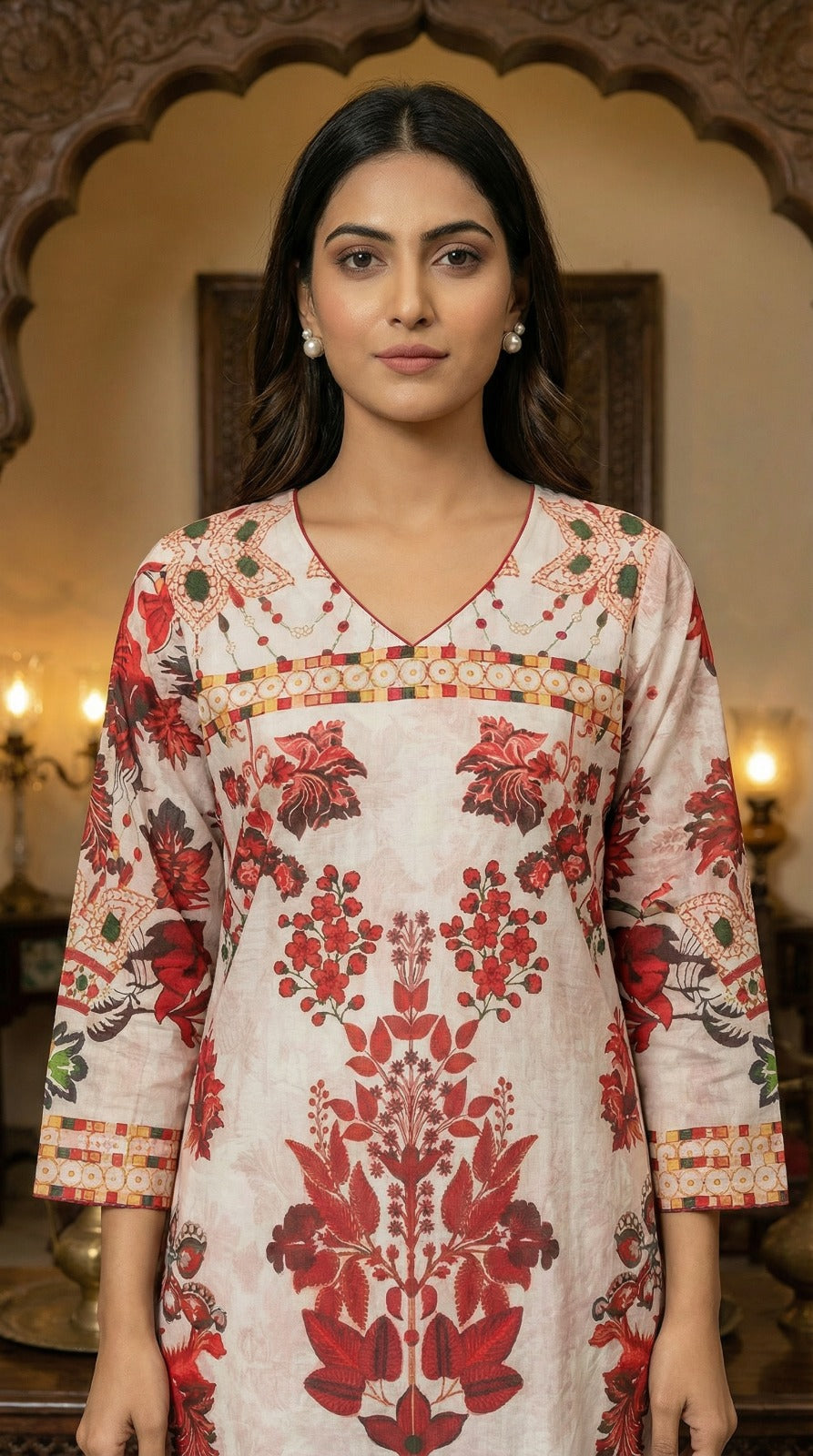 Off-White & Red Floral Jacquard Kurta Set with Chiffon Dupatta
