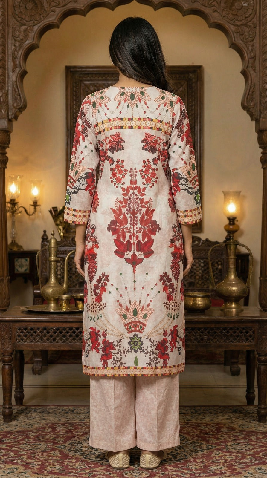 Off-White & Red Floral Jacquard Kurta Set with Chiffon Dupatta