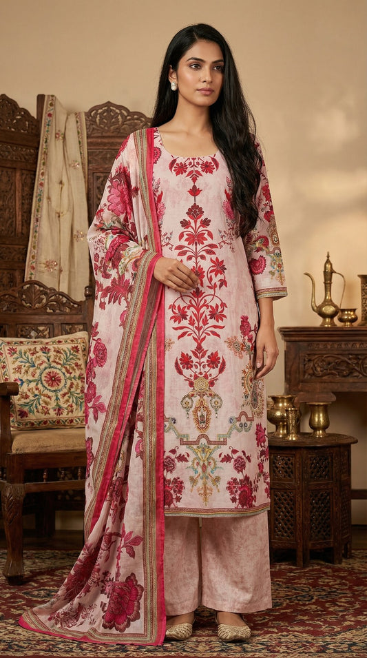 Red Floral Straight Kurta Set with Chiffon Dupatta