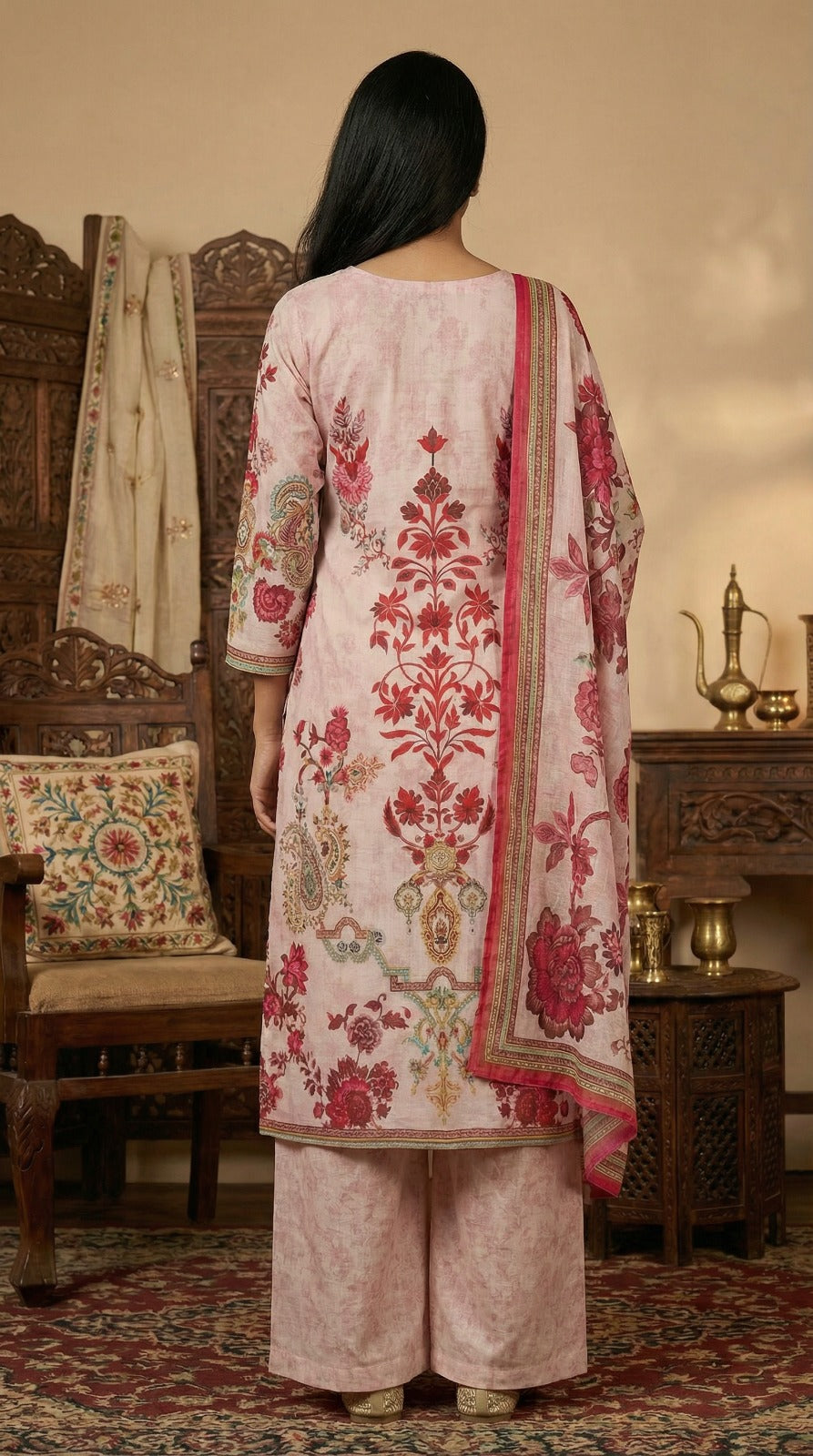 Red Floral Straight Kurta Set with Chiffon Dupatta