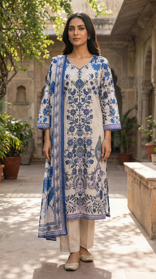 Off-White & Blue Floral Print Kurta Set with Chiffon Dupatta