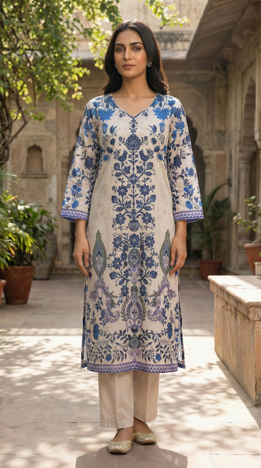 Off-White & Blue Floral Print Kurta Set with Chiffon Dupatta