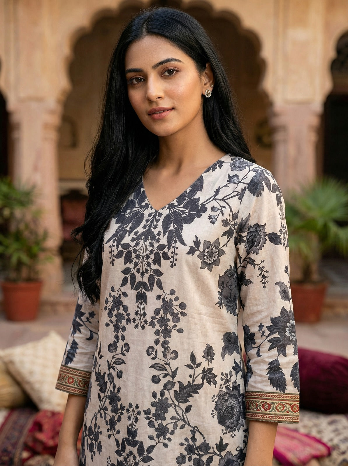 Ivory Floral Jacquard Kurta Set with Chiffon Dupatta
