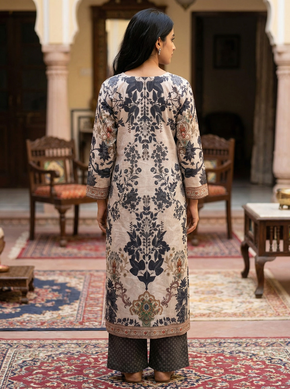 Ivory Floral Jacquard Kurta Set with Chiffon Dupatta