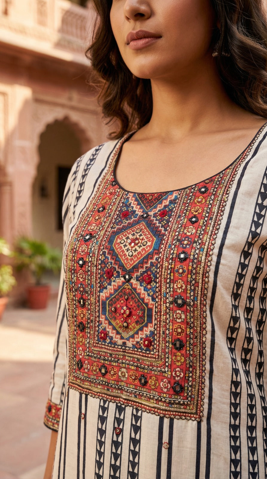 Mirror Yoke Cotton Kurta Set – Red & Black Heritage Stripe