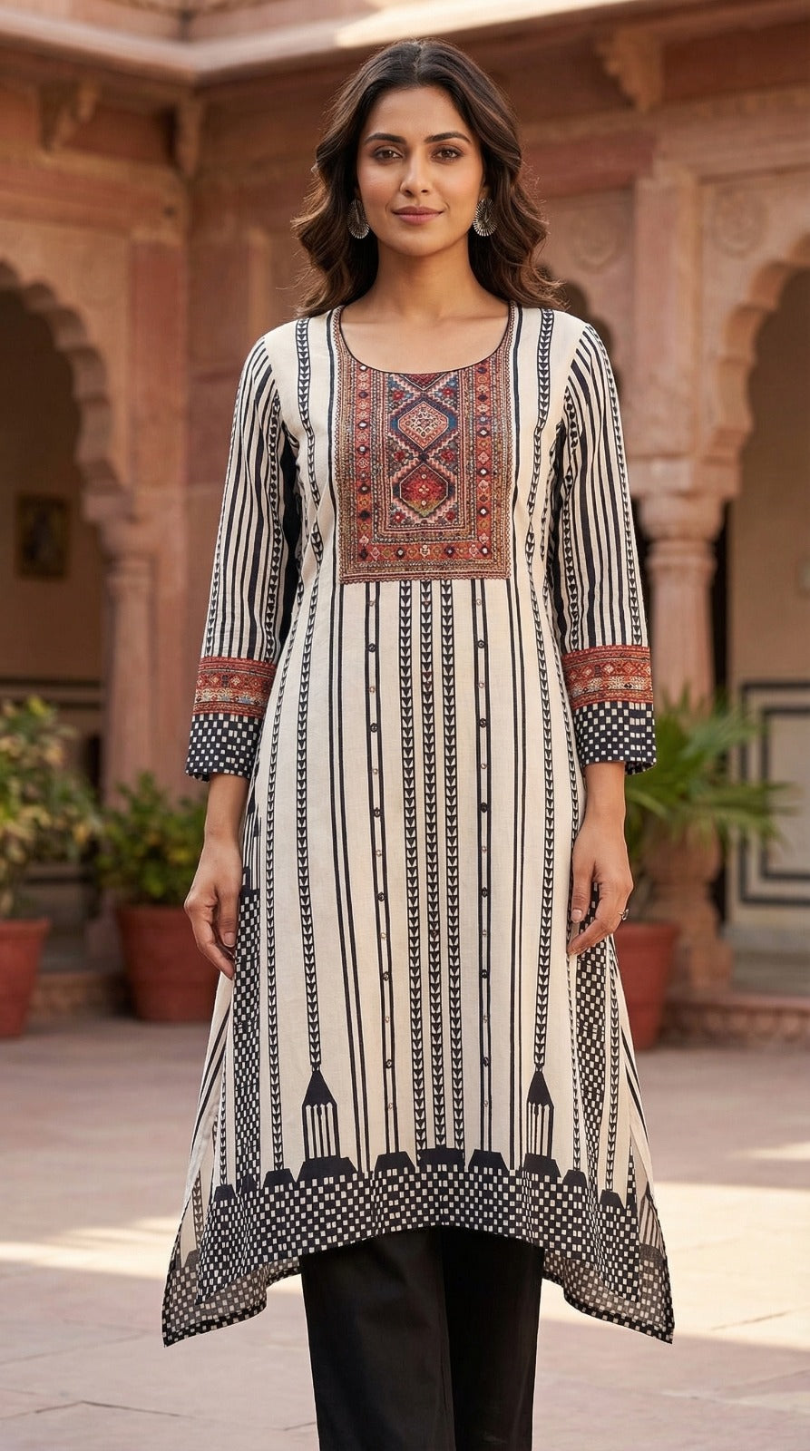 Mirror Yoke Cotton Kurta Set – Red & Black Heritage Stripe