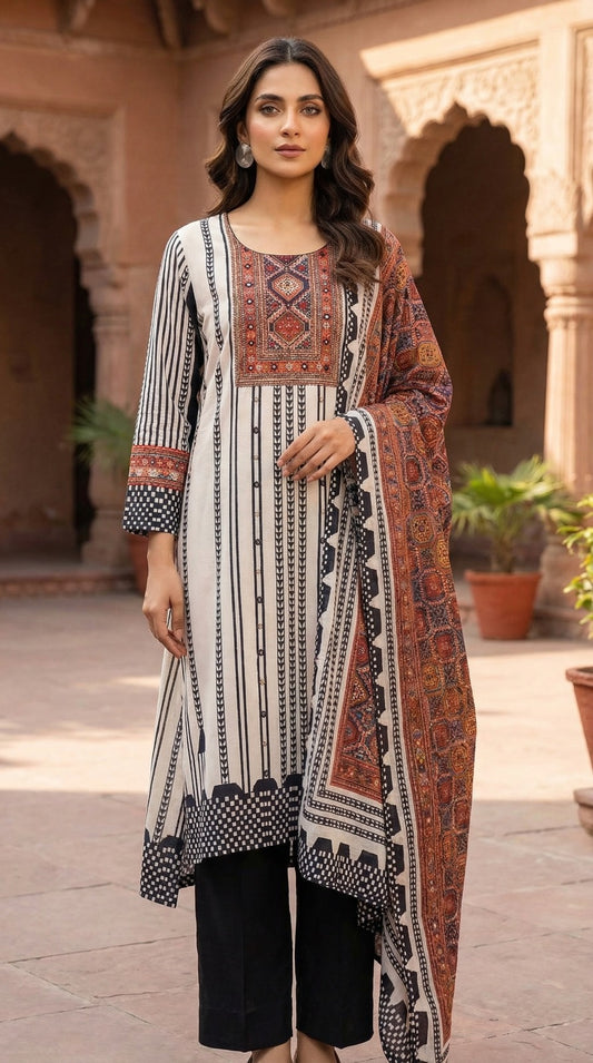 Mirror Yoke Cotton Kurta Set – Red & Black Heritage Stripe