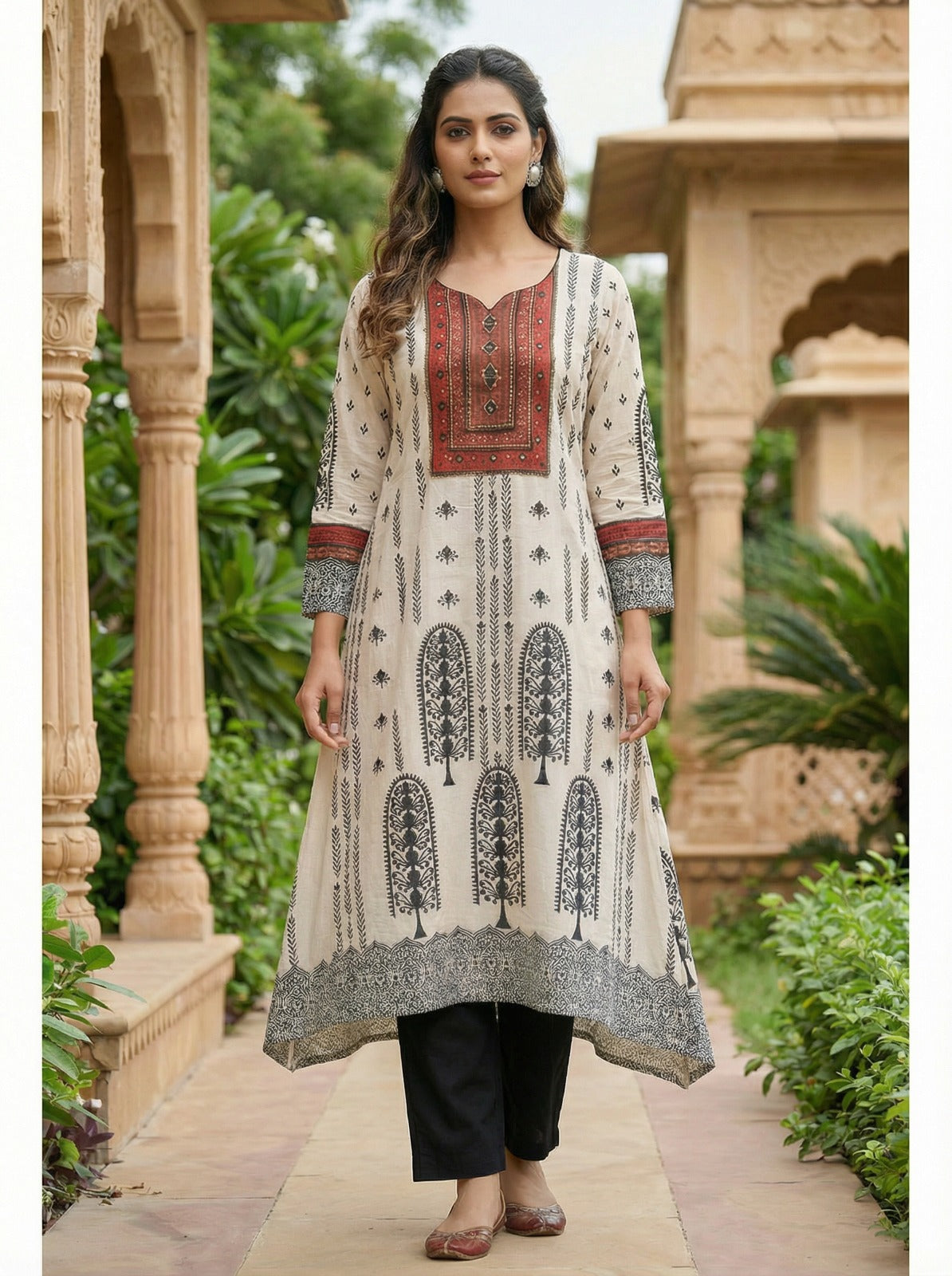 Mirror Yoke Cotton Set – Red & Black Buta Print