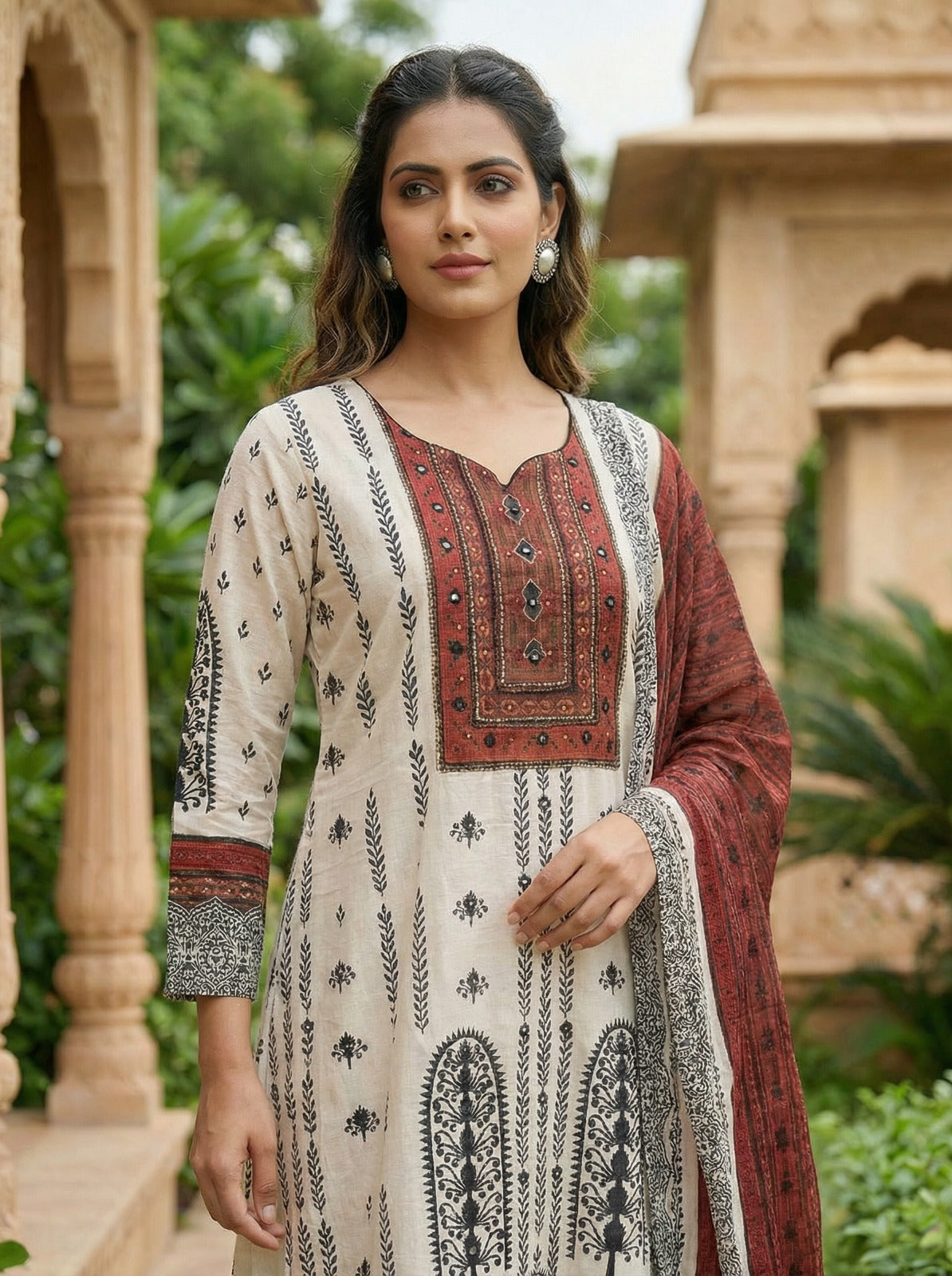 Mirror Yoke Cotton Set – Red & Black Buta Print