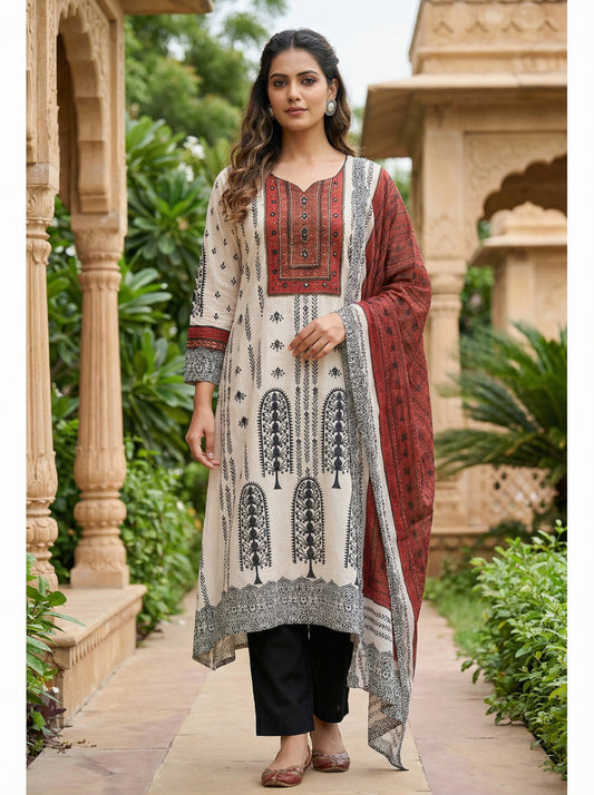 Mirror Yoke Cotton Set – Red & Black Buta Print