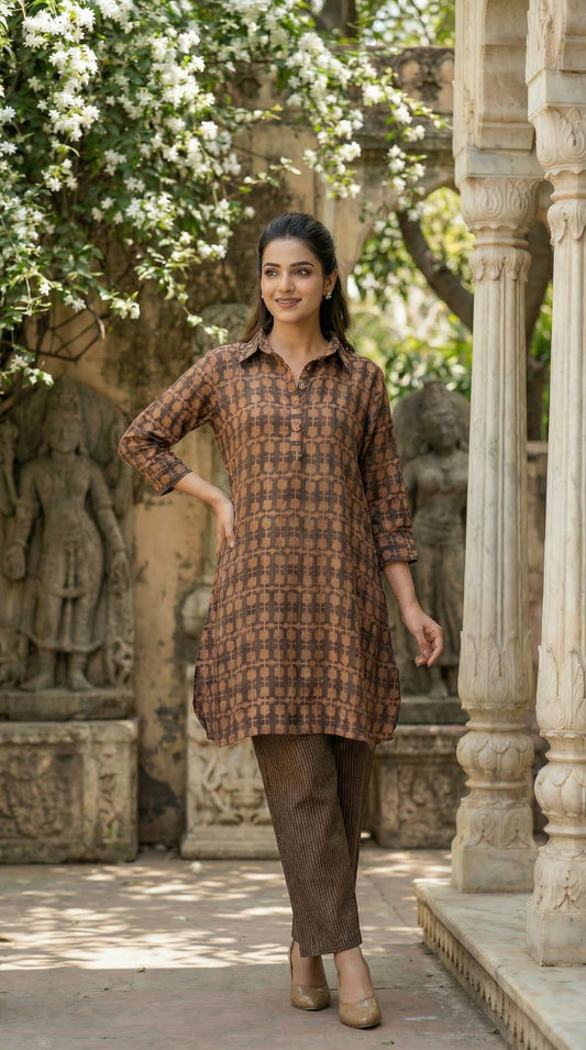 Pure Linen Silk Kurta Set - Brown