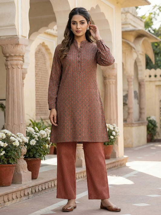 Pure Linen Silk Kurta Set - Rust