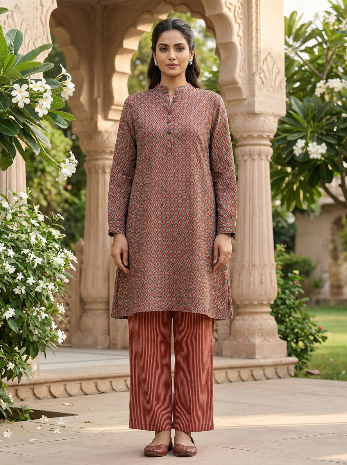 Pure Linen Silk Kurta Set - Rust