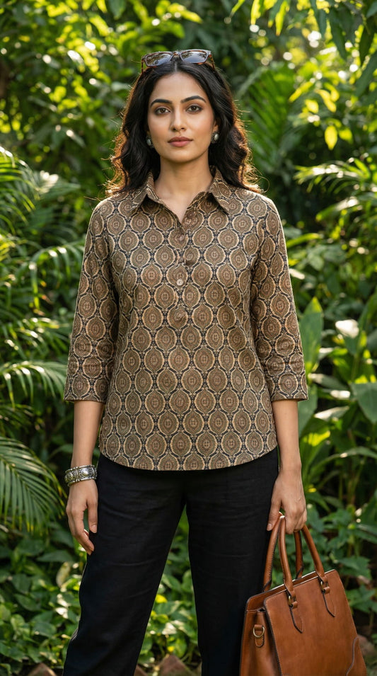 Pure Linen Collar Shirt - 3/4th Sleeves