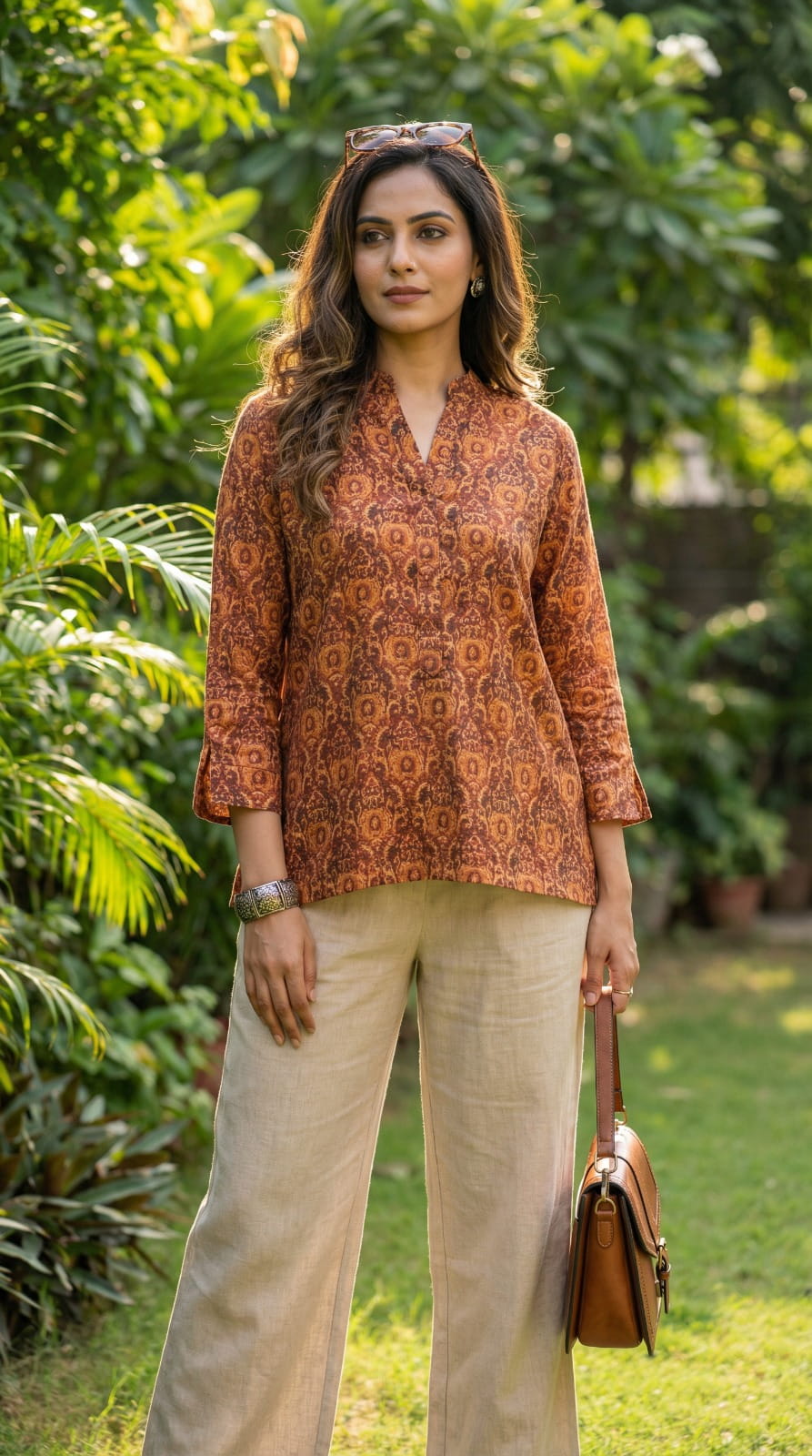 Pure Linen Rust Shirt - 3/4th Sleeves