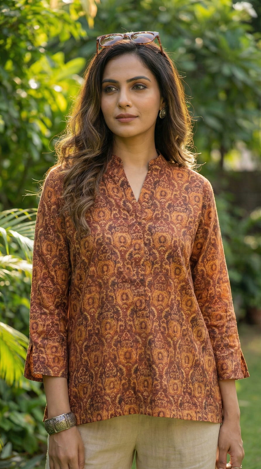 Pure Linen Rust Shirt - 3/4th Sleeves